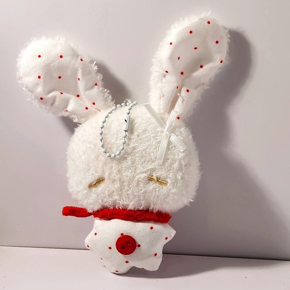 Fuzzy White Bunny Rabbit Star Body Plush Keychain Red Polka Dot Bag Charm 5.0"